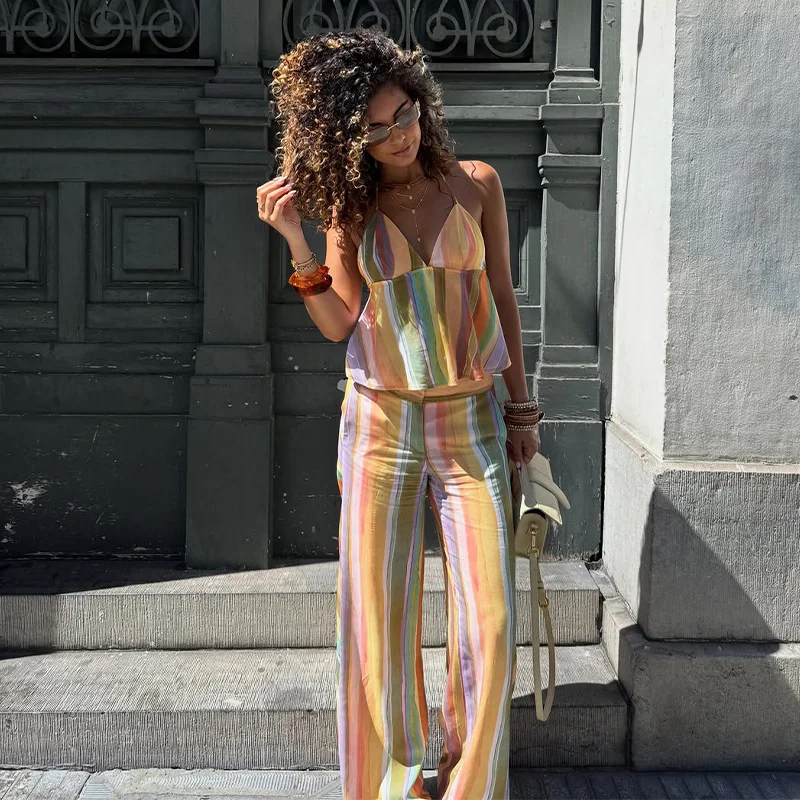 Gestreifte V-Ausschnitt Rückenfreie Crop-Tops und Hosen-Sets für Damen, Sexy Ärmelloses Schnür-Top, Midi-Taille, Weite Hosen, Schicke Damen-Outfits – Detail 12