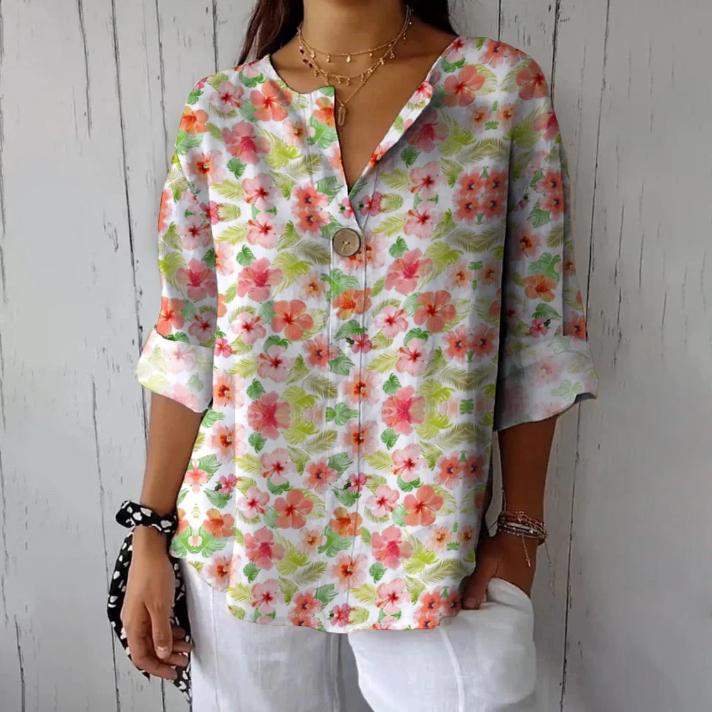 Summer Long-Sleeved Shirt Casual V-Neck High-Quality Beach Clothing Flower Printing European And American Women's Clothing New