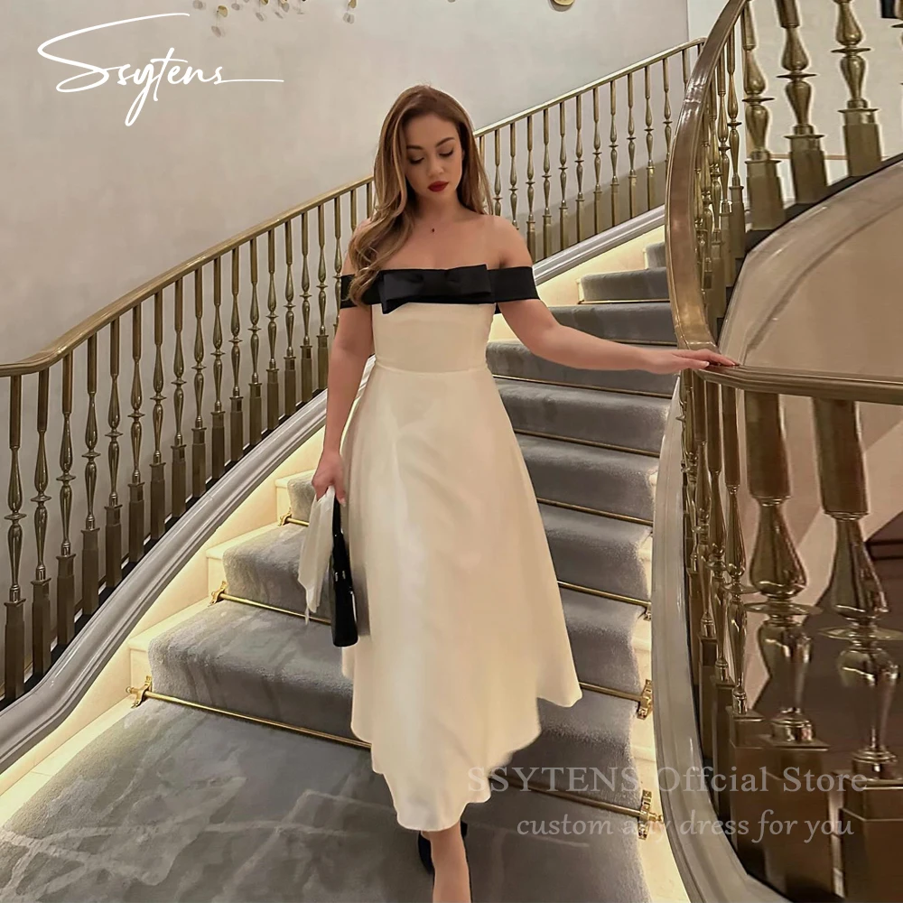 

SSYTENS Bow Strapless Evening Dresses A-Line Contrast Black White Satin Saudi Arabic Woman Formal Event Party Dresses Customized