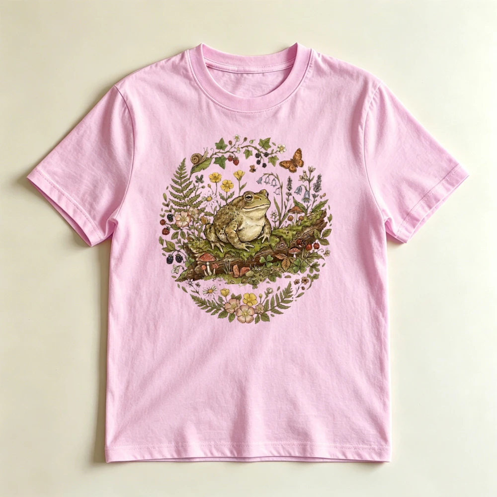 Vintage Forest Frog Floral Wreath Graphic T Shirt Cottagecore Wildflower Mushroom Snail Butterfly Print Tee Women T Shirt