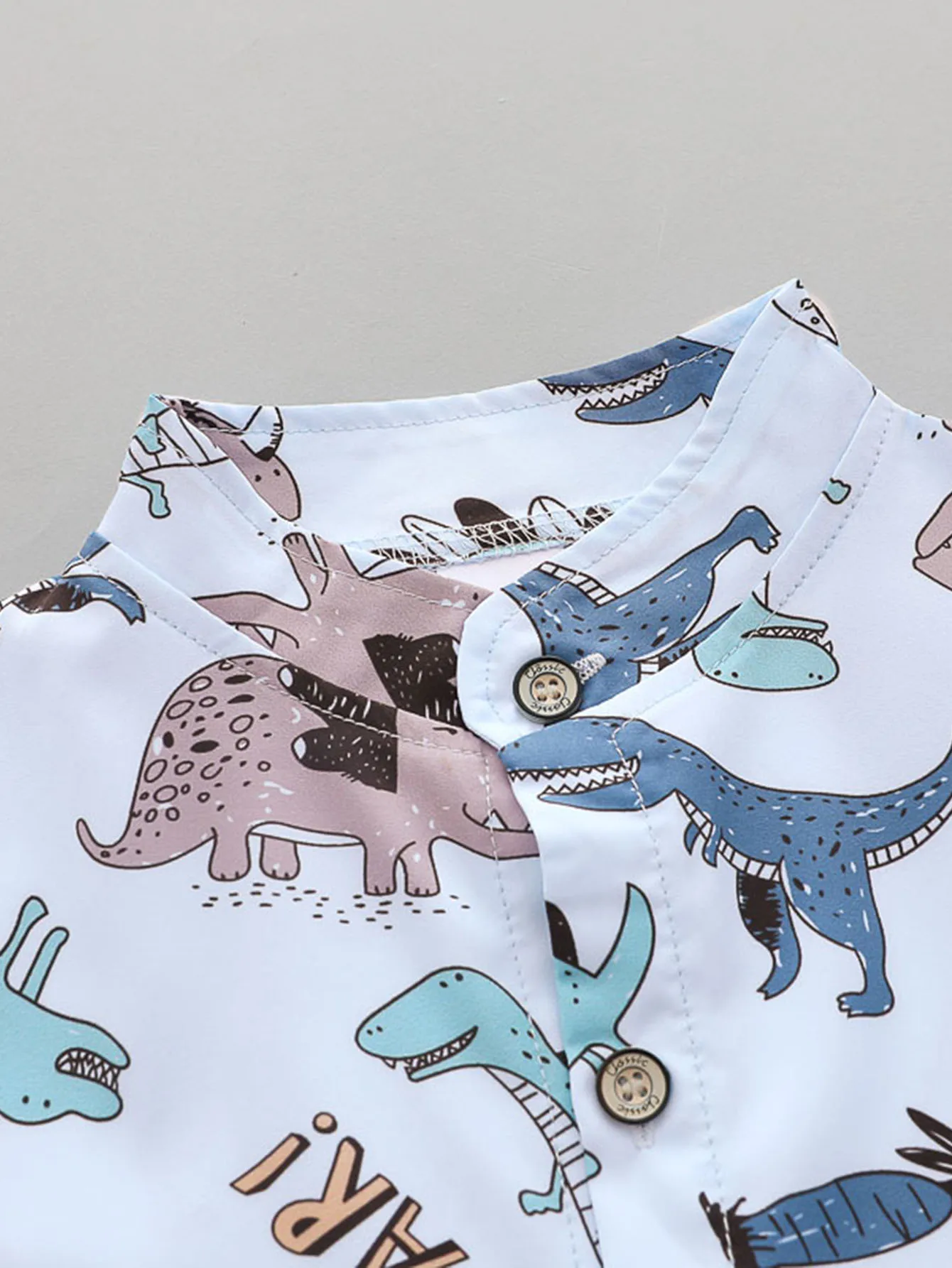 2PCS baby and toddler summer full print cartoon spotted dinosaur pattern stand up collar shirt short sleeved shorts set