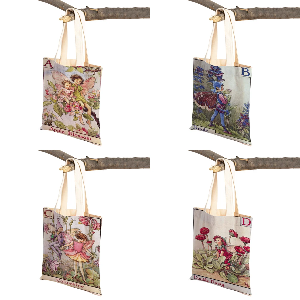 Vintage Floral Cartoon Kid Tote Handbag for Girl Casual Canvas Women Shopping Shoulder Bag Flower Elf Fairy Tale Children