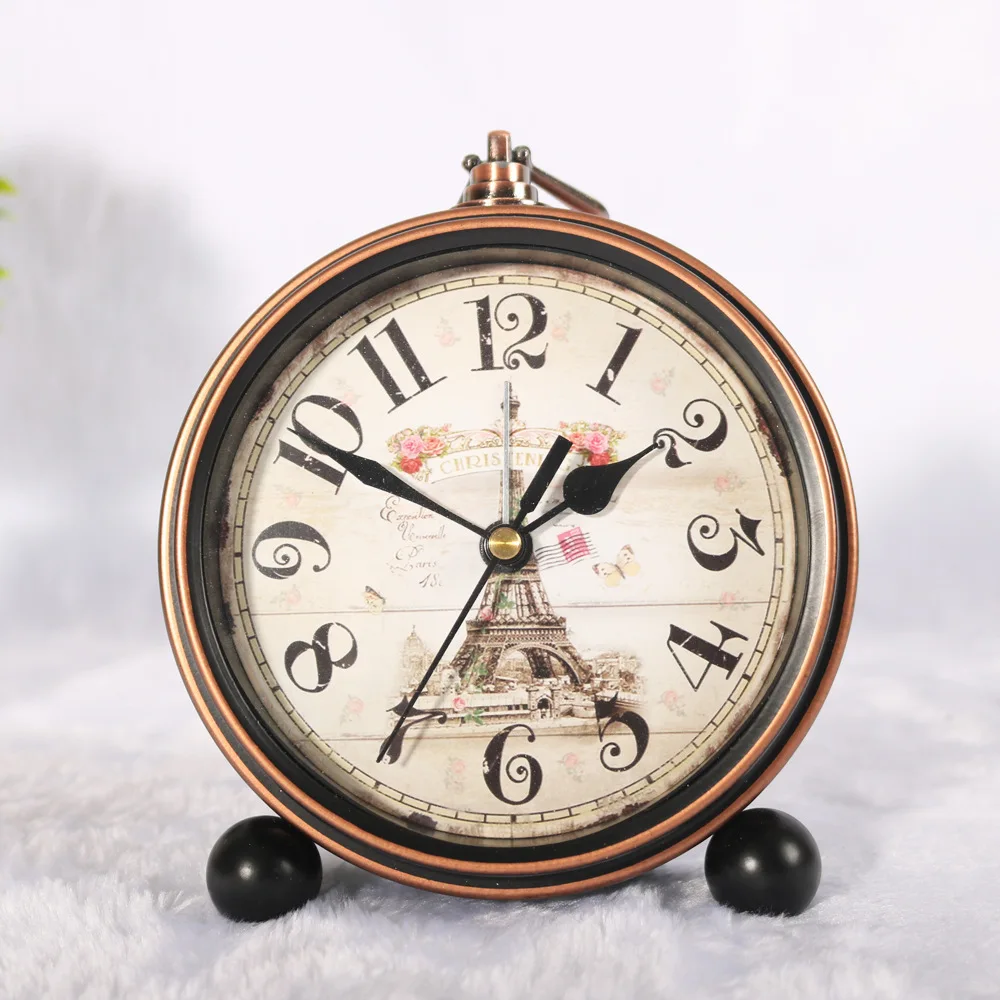 European Retro Wrought Iron Clock Creative Alarm Bronze Edge Black Silent Desk Clock Wholesale Factory Direct