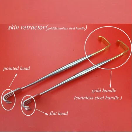 

Medical orthopedic instrument stainless steel Double head skin retractor Abdomen deep hook gold handle tip round head pet vet AO