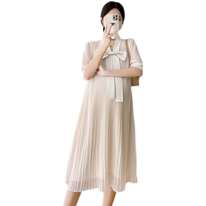 Summer Korean Fashion Chiffon Maternity Dress Elegant Sweet Loose Clothes for Pregnant Women Ins Ruffle Bow Pregnancy Clothing