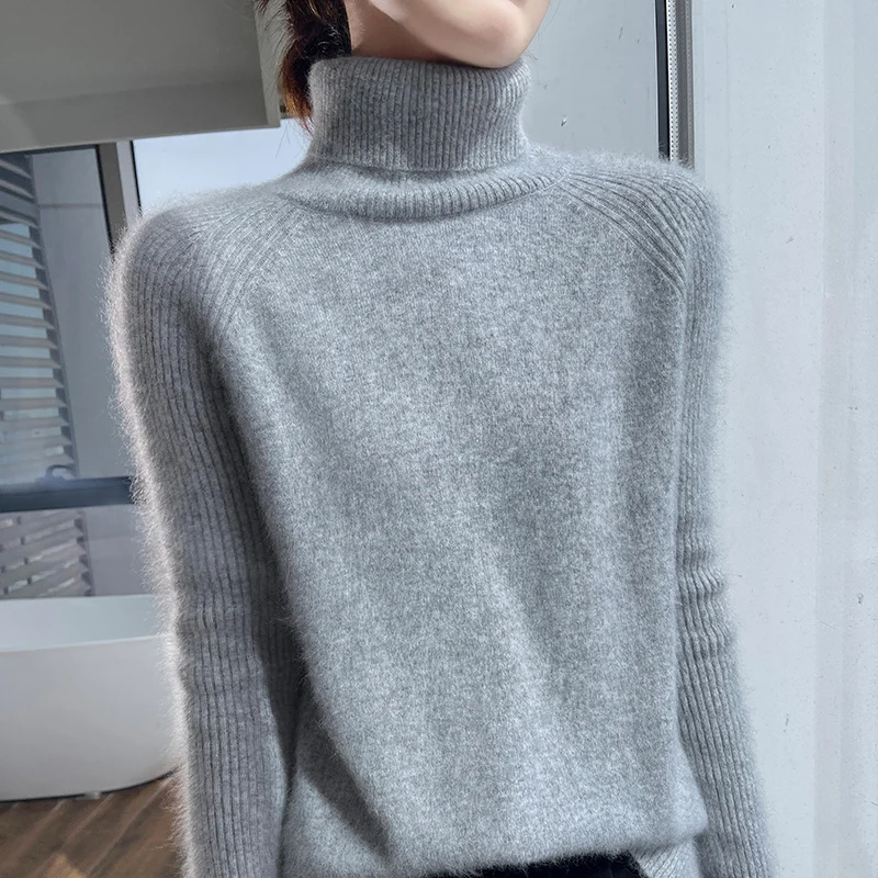 Turtleneck 100% Mink Cashmere Knit Sweater Women Winter Outwear Loose Solid Long Sleeve Pullover Fashion Ladies Casual Warm Tops