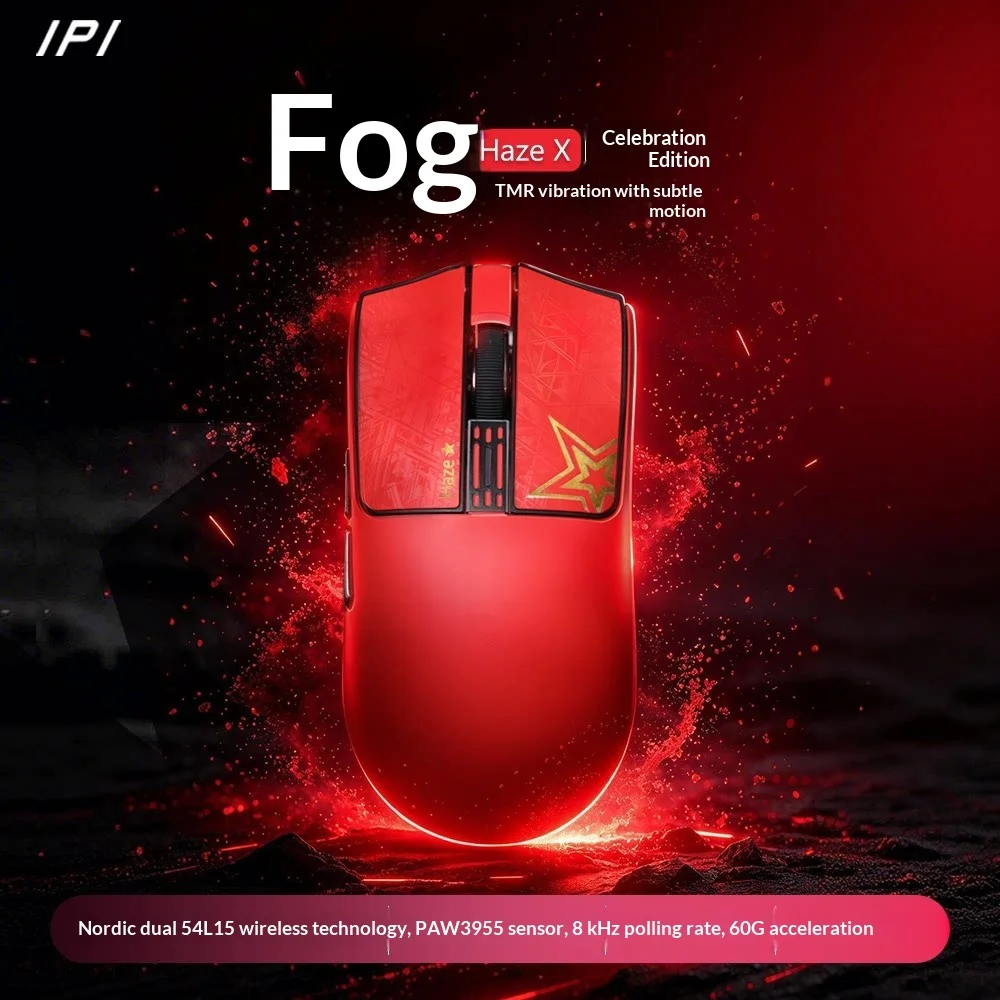 IPI Fog Haze X Red Celebration Edition Wireless Mouse PAW3955 8K Tri ModeTMR Haptic Feedback Lightweight Esports Gaming Mouse