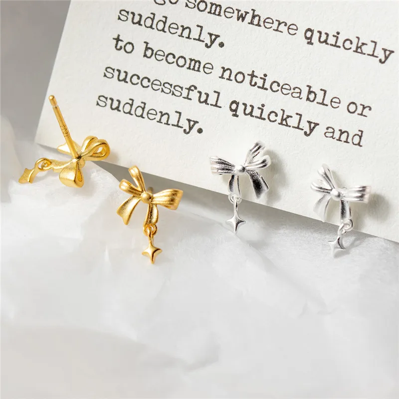 

Korean Style Bow Star Stud Earrings For Women S925 Pure Silver Simple Temperament Party Jewelry