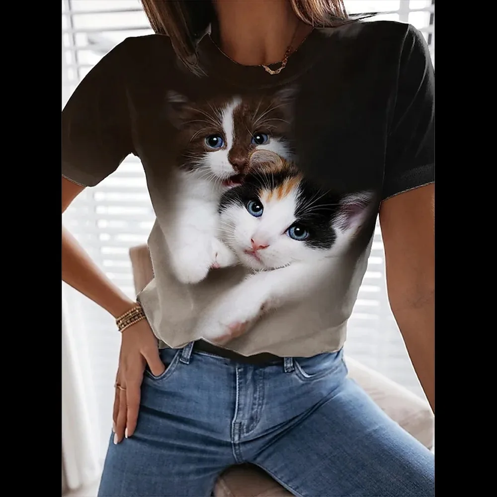 Camiseta con estampado de gato en 3d para mujer, camisetas de moda para mujer, Tops Y2k, Harajuku Kawaii, Top de gran tamaño con cuello redondo,