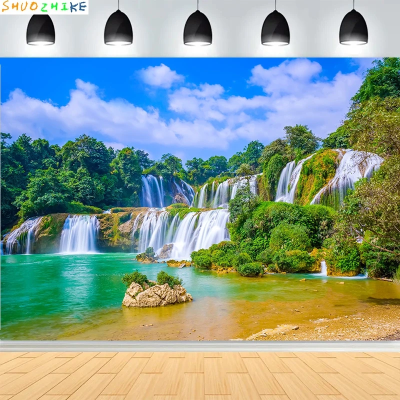 

Fresh Blue Natural Waterfall Beauty Lake Photography Backdrops Grass Landscape River Beach Park Cove Photo Background PB-03
