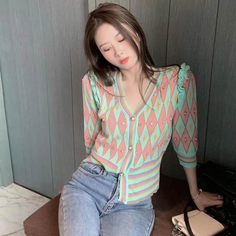 2024 Trend Cropped Cardigan for Women Plaid Sweater Summer Sweaters Kawaii Harajuku Knitted Tops Cute Cardigans Female Fashion