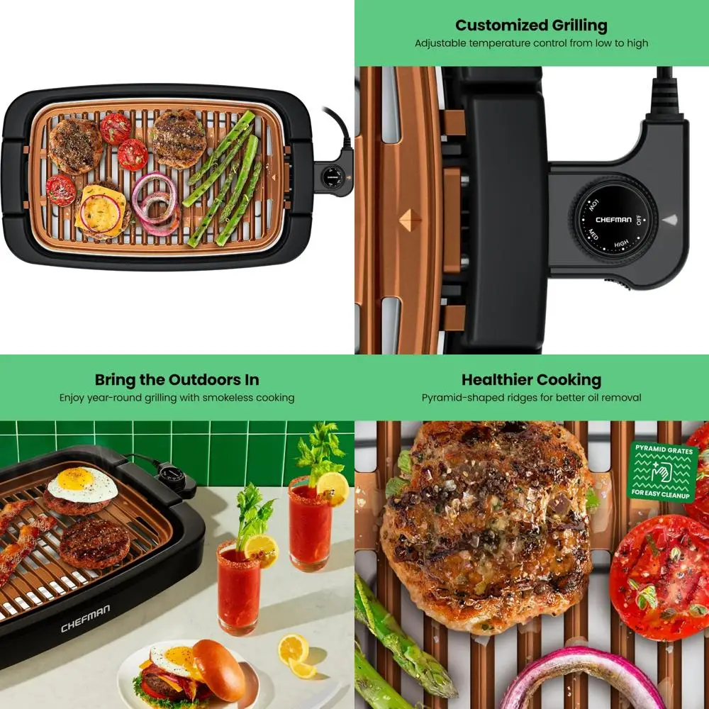 

Медный сверхбольшой бездымный электрический гриль Chefman для дома с антипригарной поверхностью для домашнего гриля и барбекю