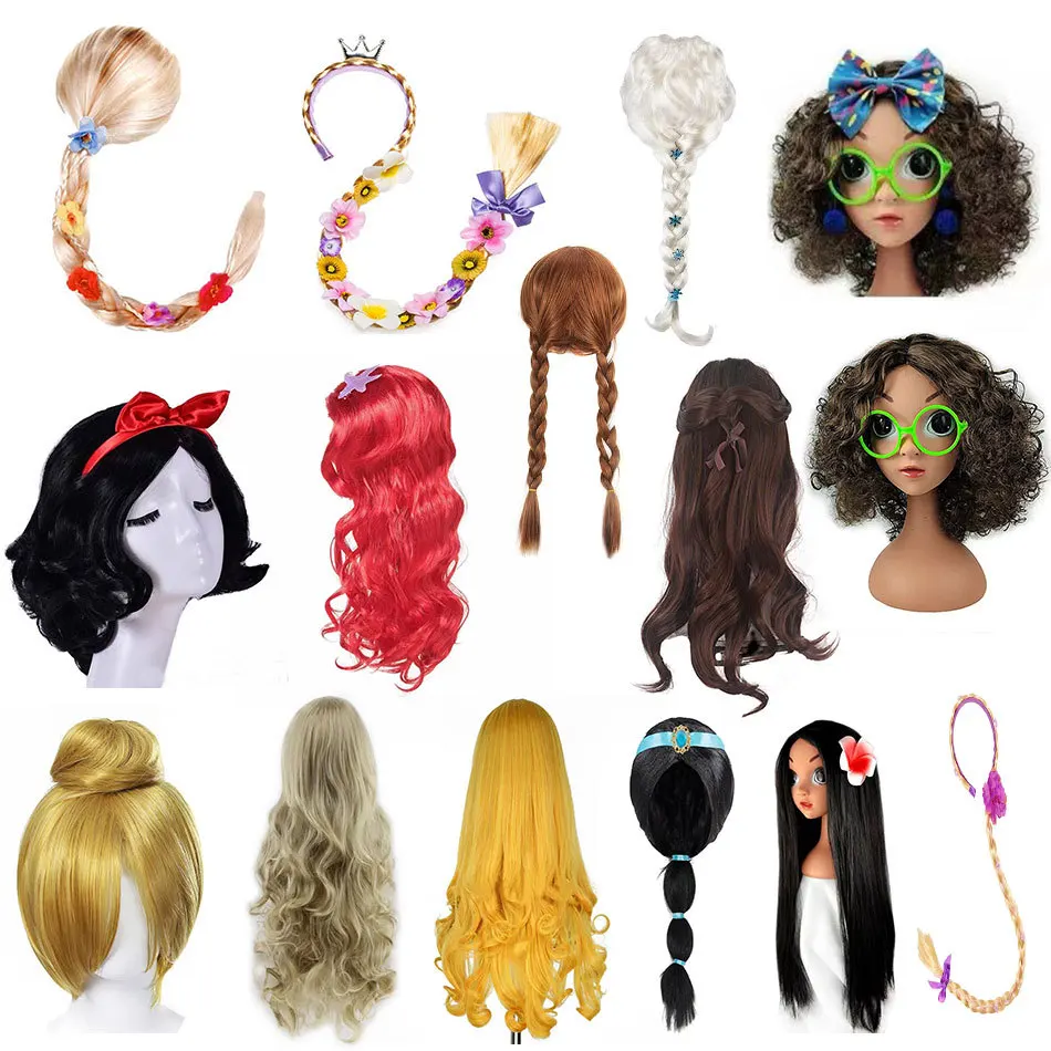 

Парик для девочек, детские аксессуары для косплея принцессы, детский Рапунцель, Эльза, Анна, Жасмин, Русалка, Моана Мирабель, вечерние головные уборы