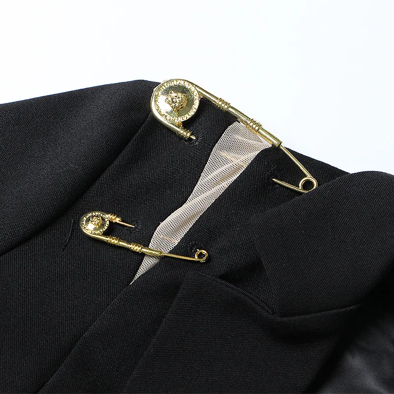 Mesh Splicing Jacket 2025 Summer New Style Pin Decoration Long Sleeve Slim Suit for Women Blazer Femme