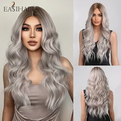 EASIHAIR Synthetic Long Wig Ombre Gray Blonde Wavy Wig Middle Part Cosplay Party Daily Hair Wigs for Women Afro Heat Resistant