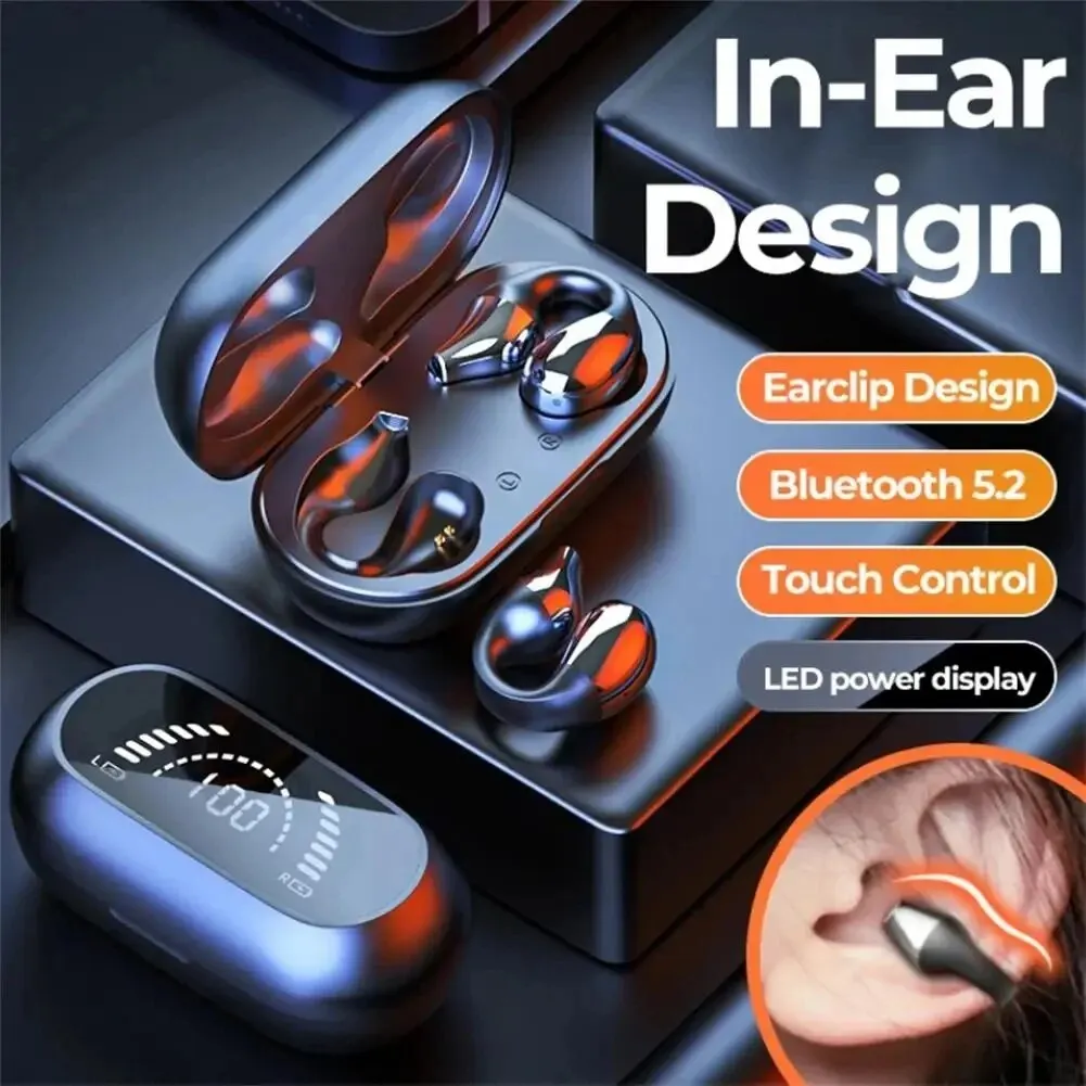 TWS Wireless Headphones Bluetooth 5.2 Bone Conduction Earphones Earclip Design Touch Control LED In Ear Earbuds Sports Headsets