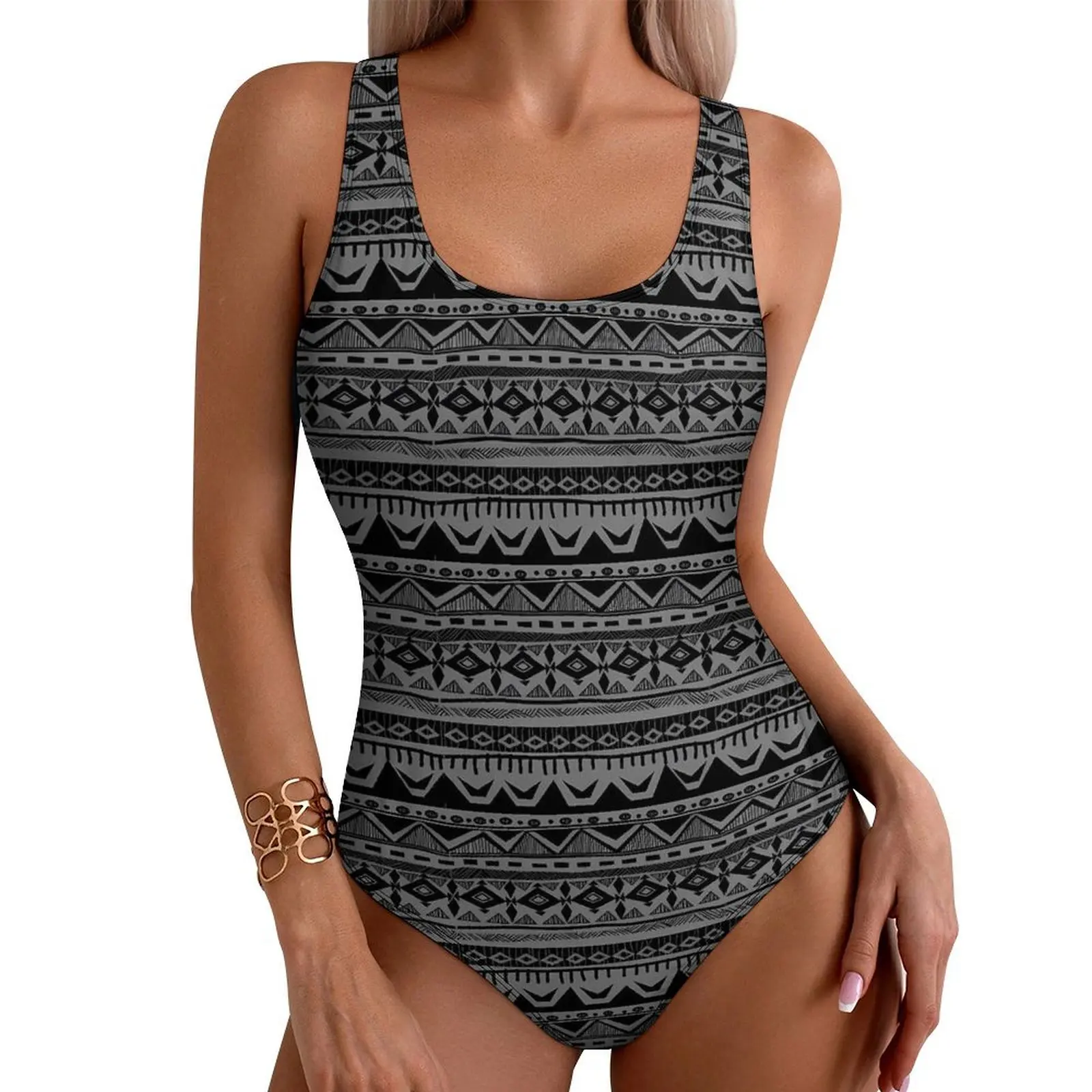 Tribal Print Swimsuit Black and Gray Swimwear One-Piece Rave Bodysuit Hollow Out Bathing Suits Woman Push Up Sexy Beach Outfits