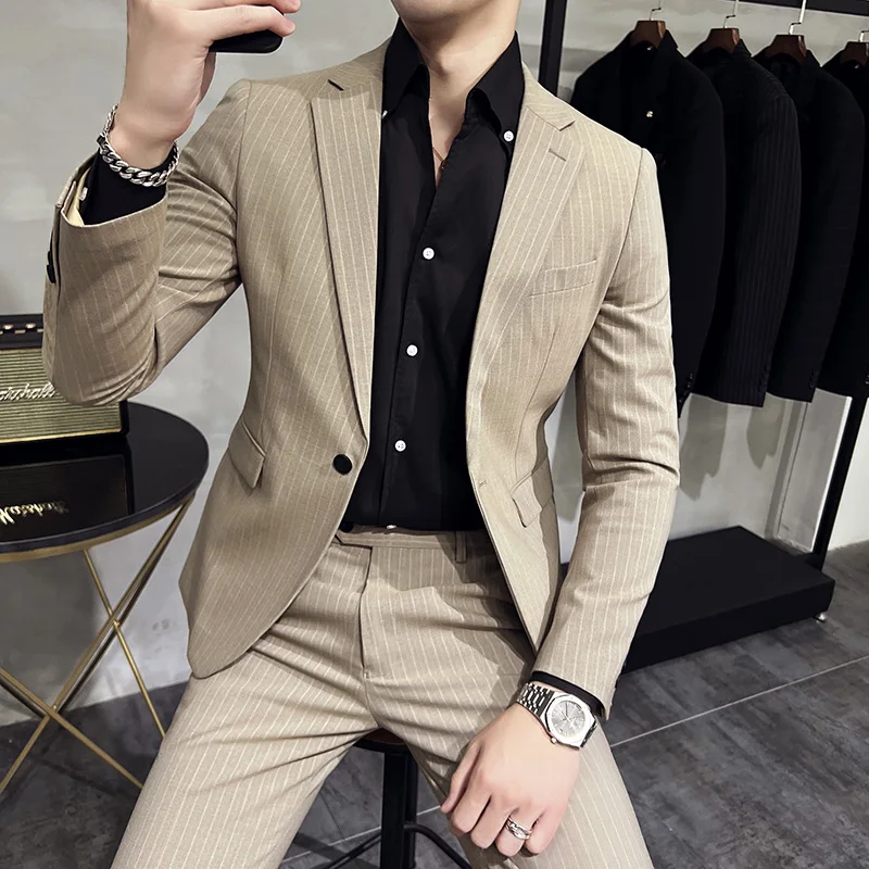 

Men Suits Costum Solid Formal Work Business Stripe Tuxedo Male 2 Pcs Casual Terno Wedding Party Terno Suit Slim Blazers 5XL-M