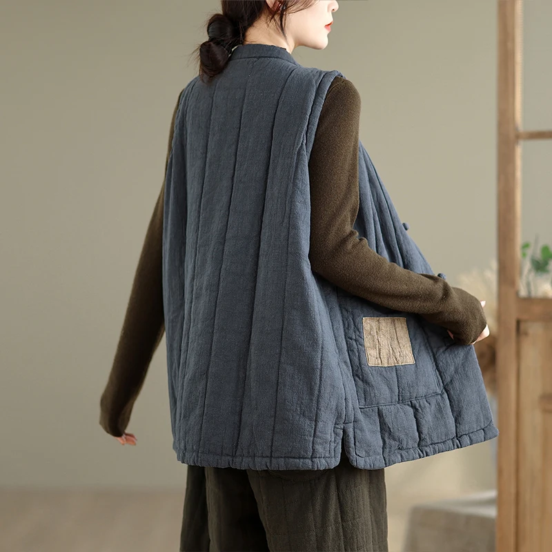 Chaleco de lino y algodón Thiened Color puro suelto calidez mujer Otoño Invierno Color Zen Sle nueva llegada