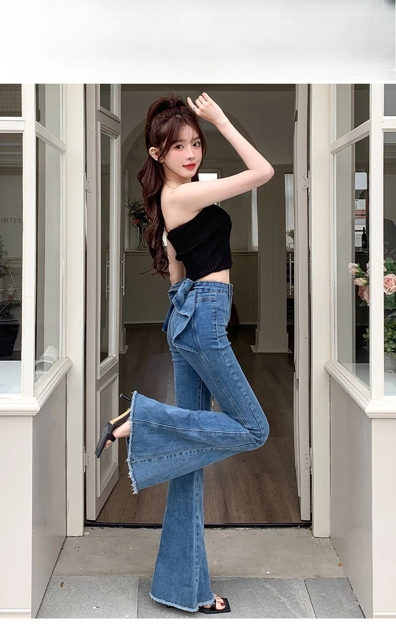 Bow Tie Jeans Women's American Vintage Three-dimensional Micro-large Summer Thin Pants New High-waisted Skinny Hip Flare Pants