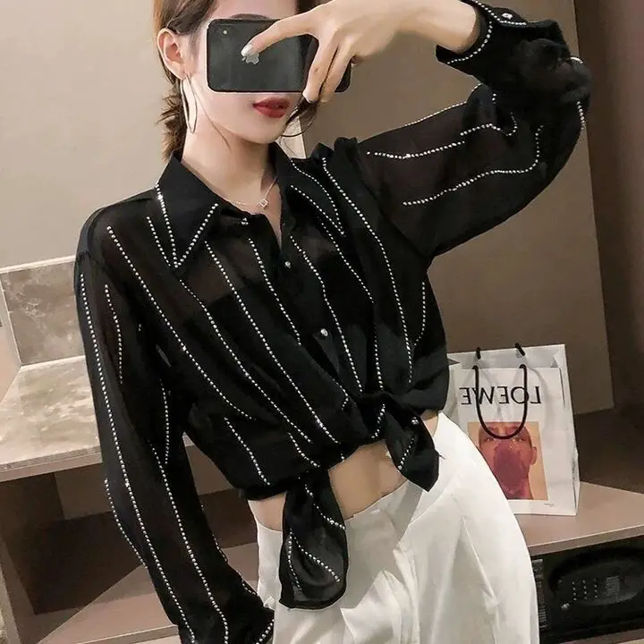 Diamond Striped Chiffon Blouse Women Spring Summer Fashion Loose Long-Sleeved Shirt Top q306