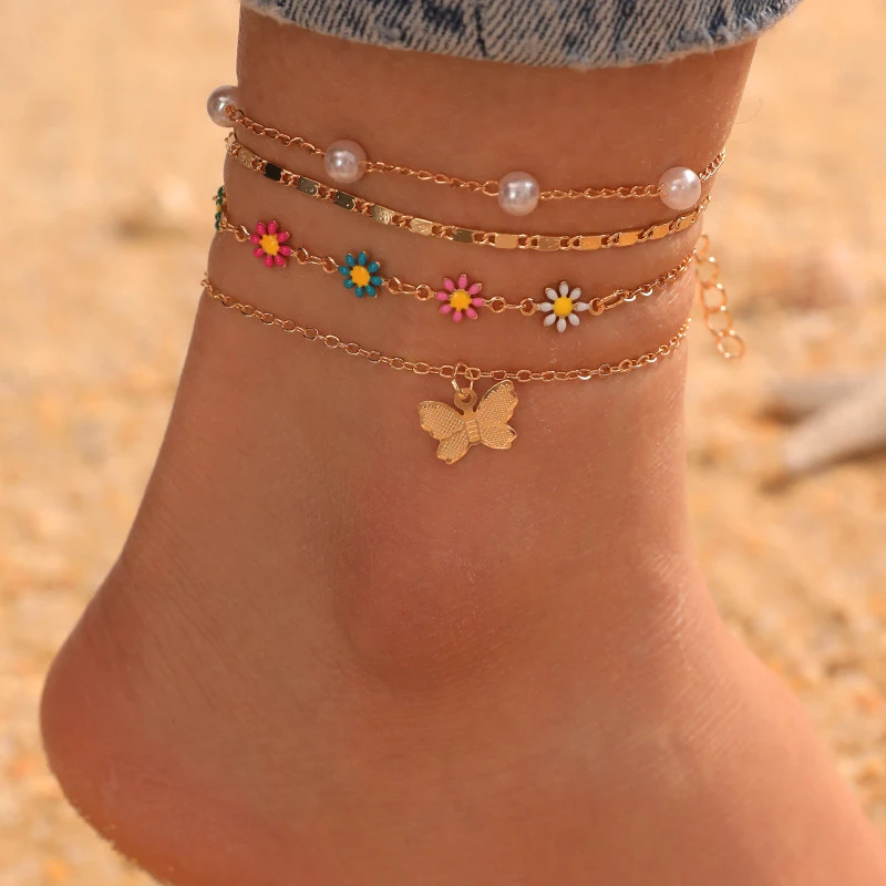 4pcs/set Fairycore Anklet with Butterfly & Florals – Delicate, Ethereal Accent for Your Every Step.