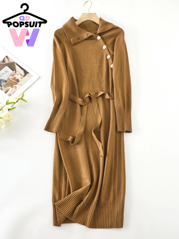 New in Autumn Winter Women Knitted Dress Knee Length Half Open Collar Dress Elegant Commuting Lazy Women\'s Clothing Robe Dresses