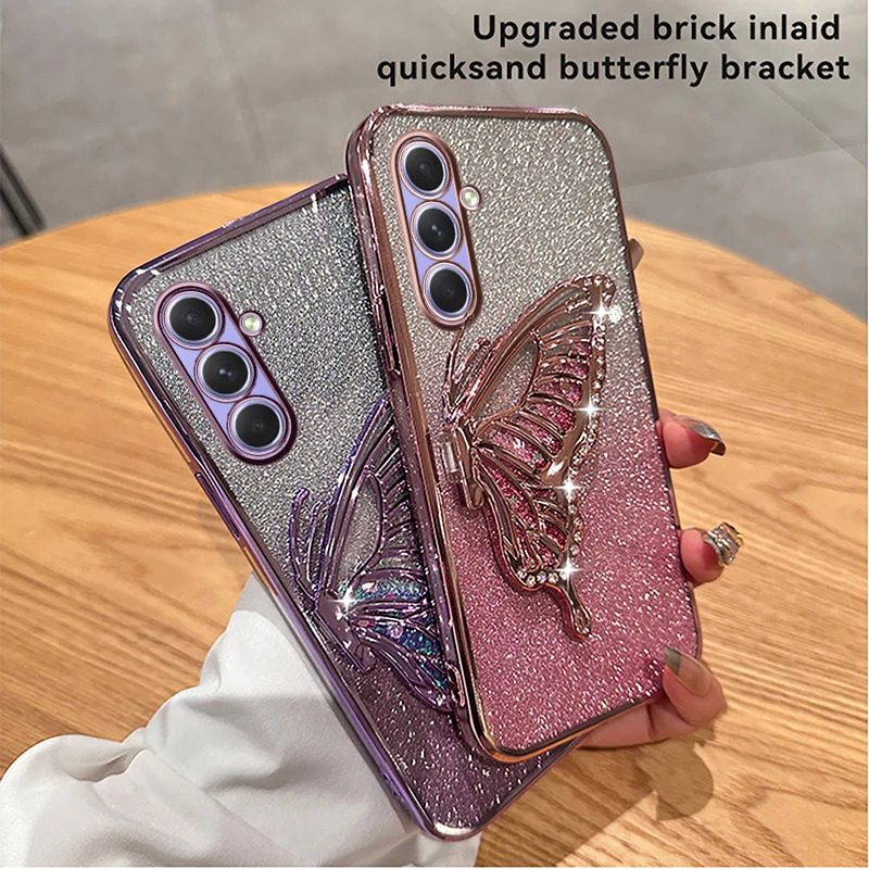 3D Liquid Sand Butterfly Phone Holder Glitter Case for Samsung A55 15 25 05 35 54 14 24 34 53 13 23 33 73 52 32 12 51 50 F15 M55