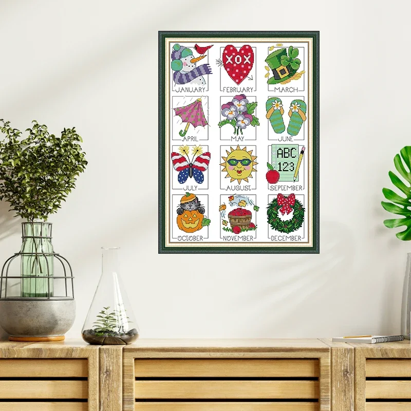 Joy Sunday Twelve Months Printed Cross Stitch Kits Fabric DIY Folk Craft Kits Aida 16CT 14CT Home Deco Handmade Embroidery Set