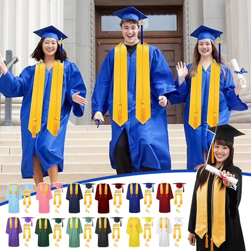 4 pz/set Bambini Per Adulti Uniforme Da Stagnoro Vestito Con Cappello Nappa Corda College Abiti di Laurea Robe 2025 Laurea Stola Nappa Set