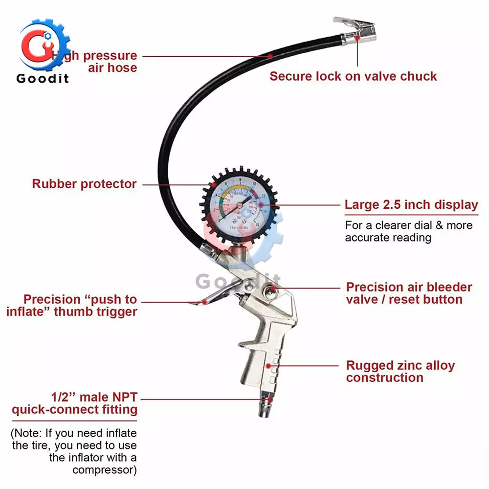 Strumento di pressione dei pneumatici Pistola di gonfiaggio dei pneumatici per auto ad alta precisione Display luminoso LCD a LED Manometro