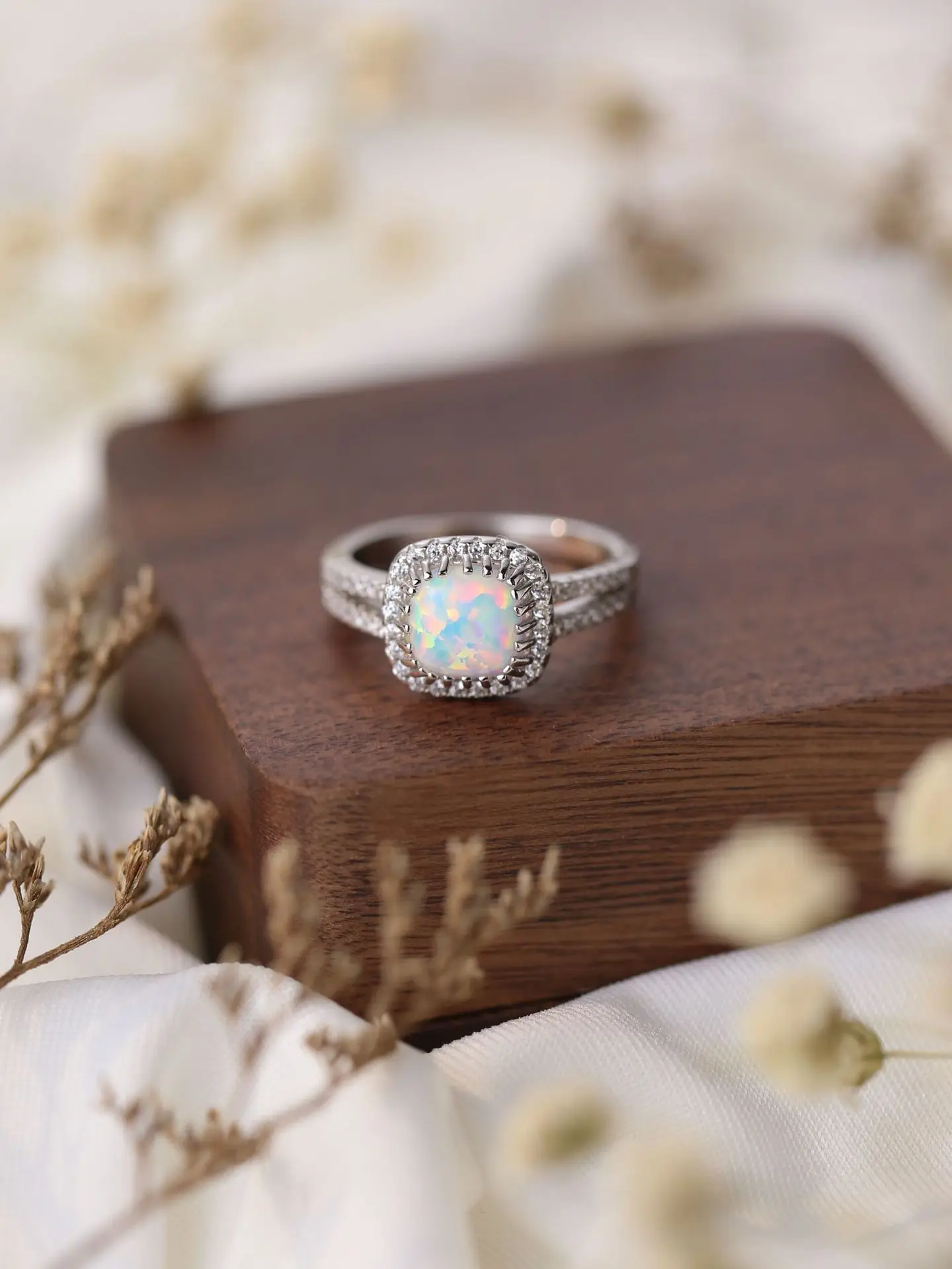 Double Layer Pure 925 Silver Women's Ring Inlaid with 2 Row of Zircon and a Square Dazzling Opal with Exquisite Style for Office