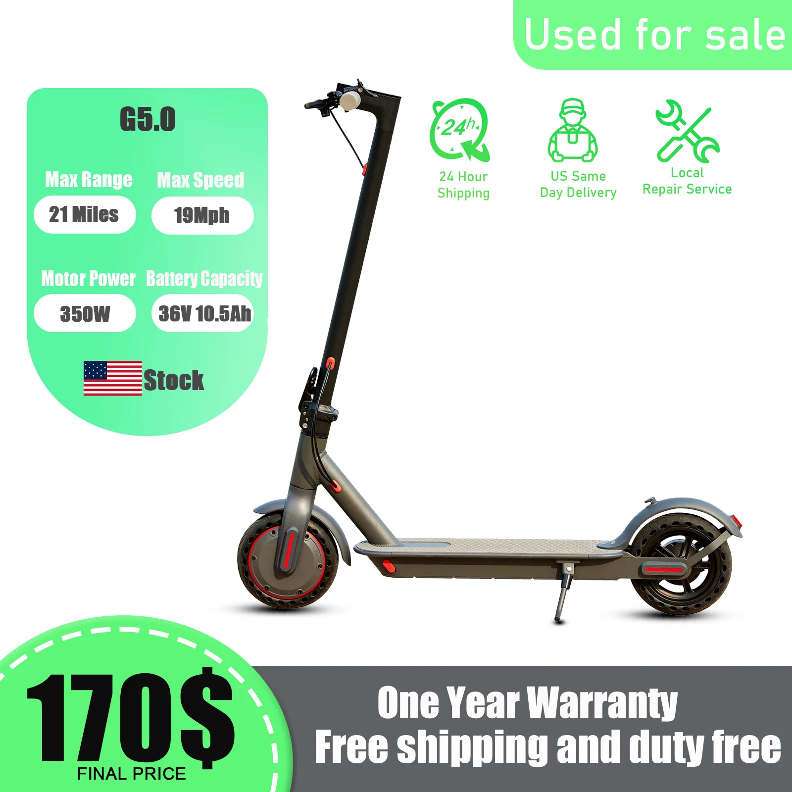 G5.0 Electric Scooter Used For Sale 36V 10.5AH Battery 19MPH Max Speed 21Miles Range 8.5 Inch Tires Foldable Scooter US Inventor