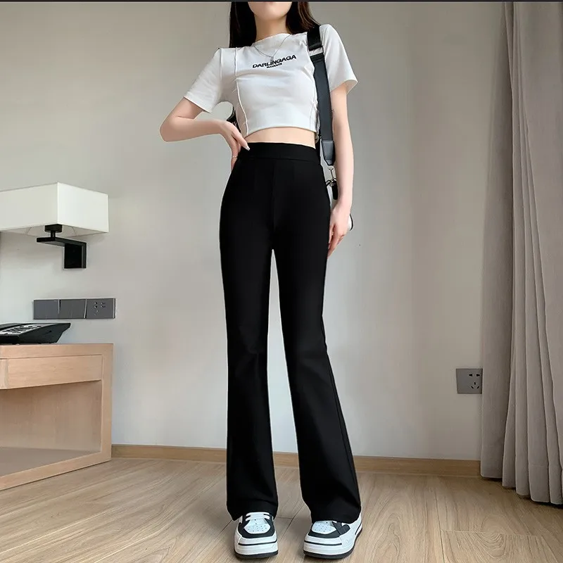 High Waist Flared Pants Women's Summer New Style Elastic Slimming Floor-Length Micro Flared Trousers Casual Pants Nylon Fiber