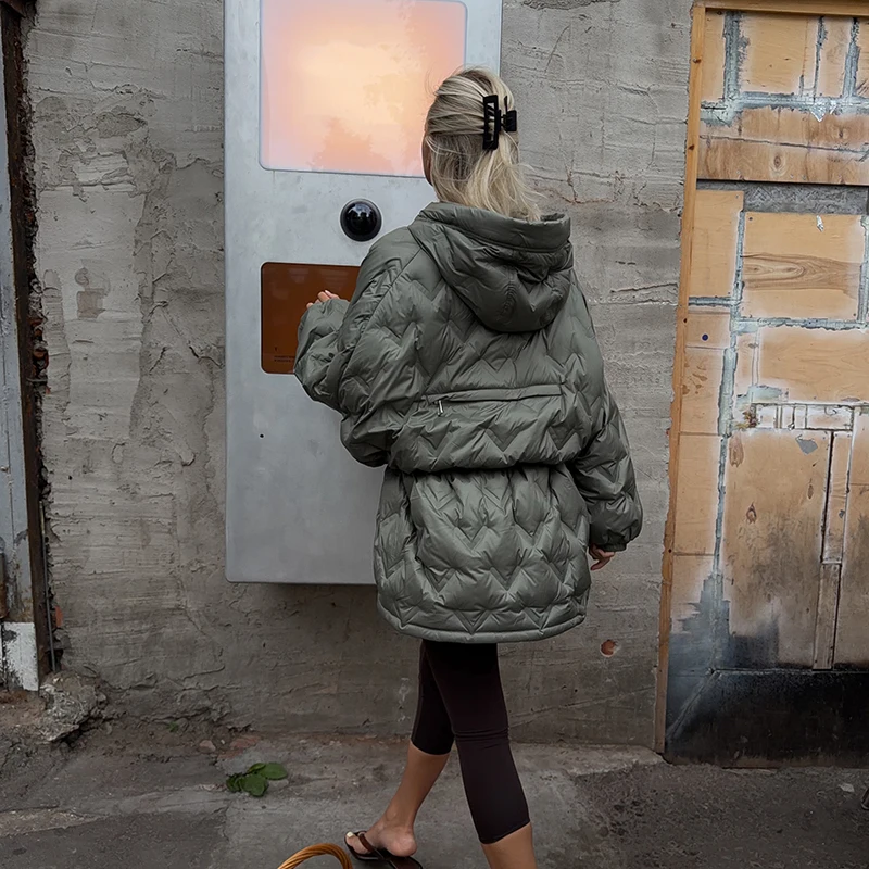 2026 Winter Solid Women Thicken Coat Casual Long Sleeve Hooded Zippers Pleated Female Outwear Elegant Lady Oversize Jacket