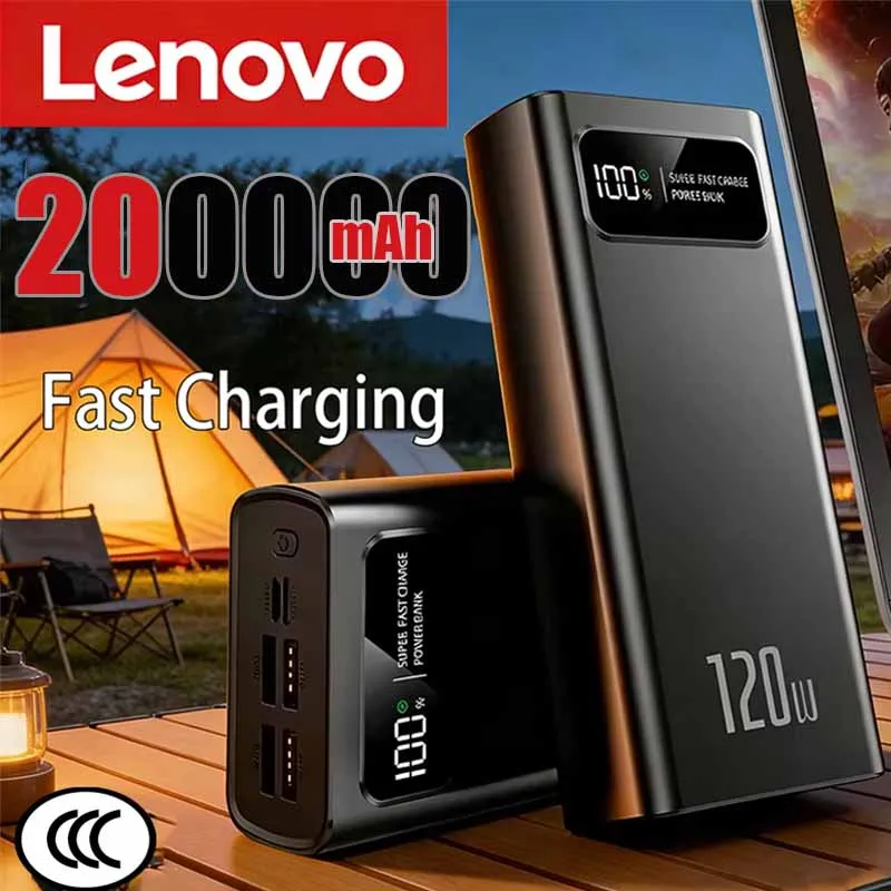 Lenovo 200000mAh Power Bank Ultra Fast Charging 120W LED Digital Display Portable External Battery for iPhone Samsung Huawei
