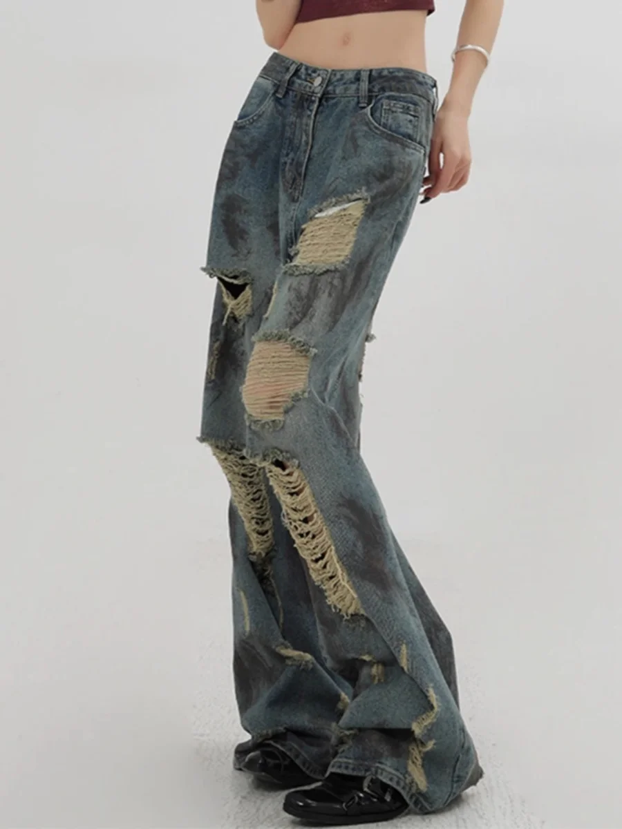 Vaqueros vaqueros Retro americanos con agujeros para hombre y mujer, Vaqueros holgados rectos de pierna ancha, informales, para jóvenes, verano 2024