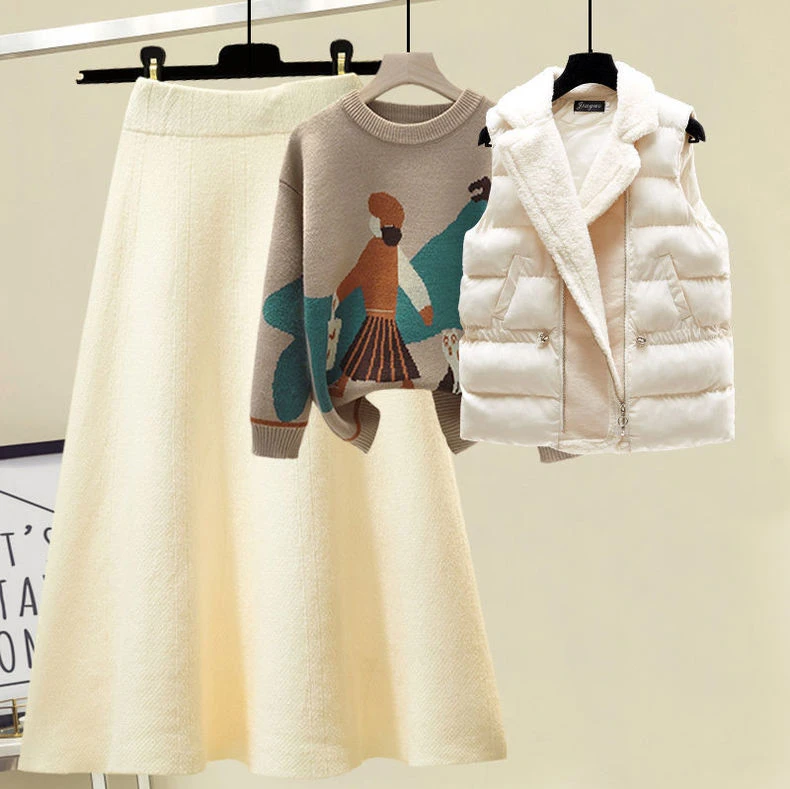 New Winter Warm Sweater 3 Piece Set Women Cartoon Print Sweater + Lamb Wool Vest +A-line Skirt Knitted Suit Plus Size Tracksuit