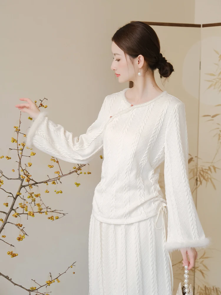 

Новый китайский вязаный комплект, осень-зима, новый оригинальный национальный тренд, женский бежевый топ с цветочной вышивкой f, юбка