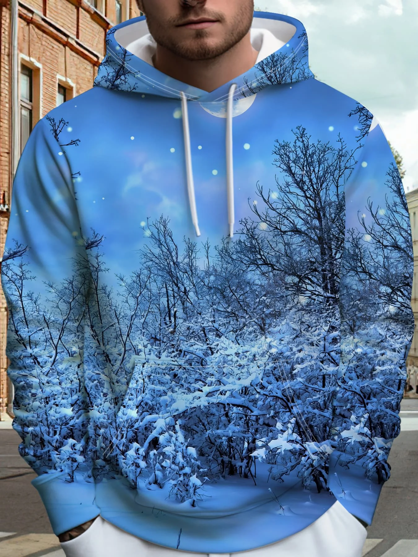 Men Winter Snow Forest Landscape 3D Print Hoodie Men Snowy Tree Scenery Long Sleeve Pullover Hooded Sweatshirt With Pocket