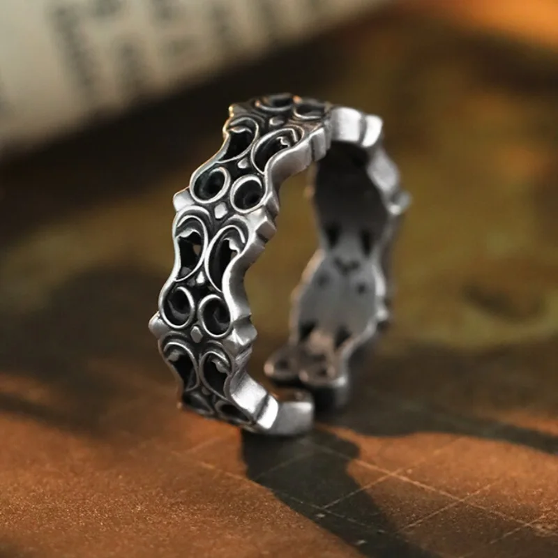 HX Silver Color fashion retro style printed ring versatile for men and women adjustable opening personalized high-end accessory
