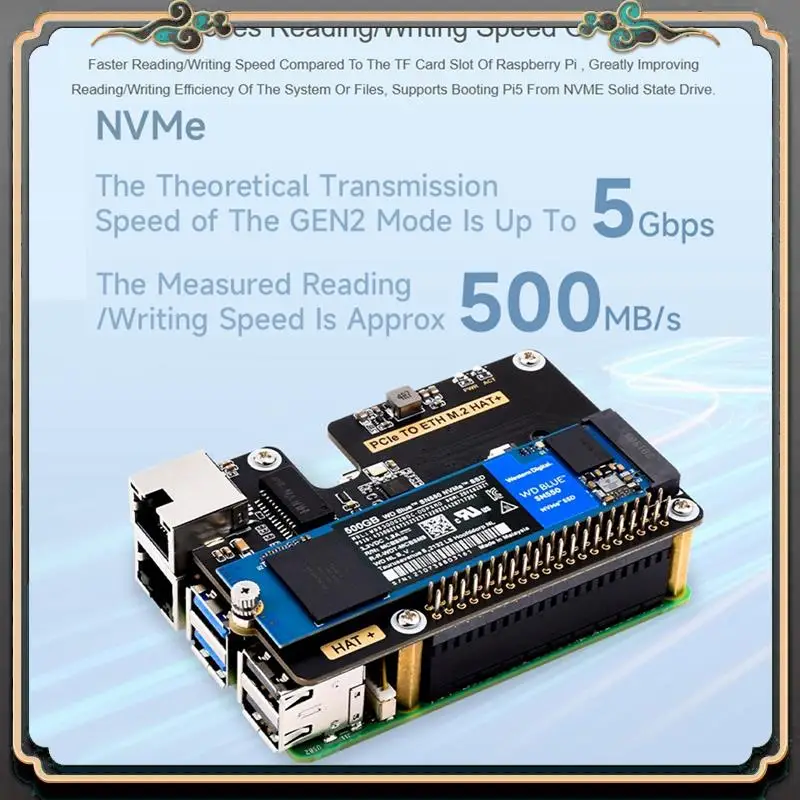 ASMA-Micro-Snow Berry Pi 5 PCLE To Gigabit Ethernet /M.2 Transfer Board HAT+Standard Antioxidant Sinking Gold