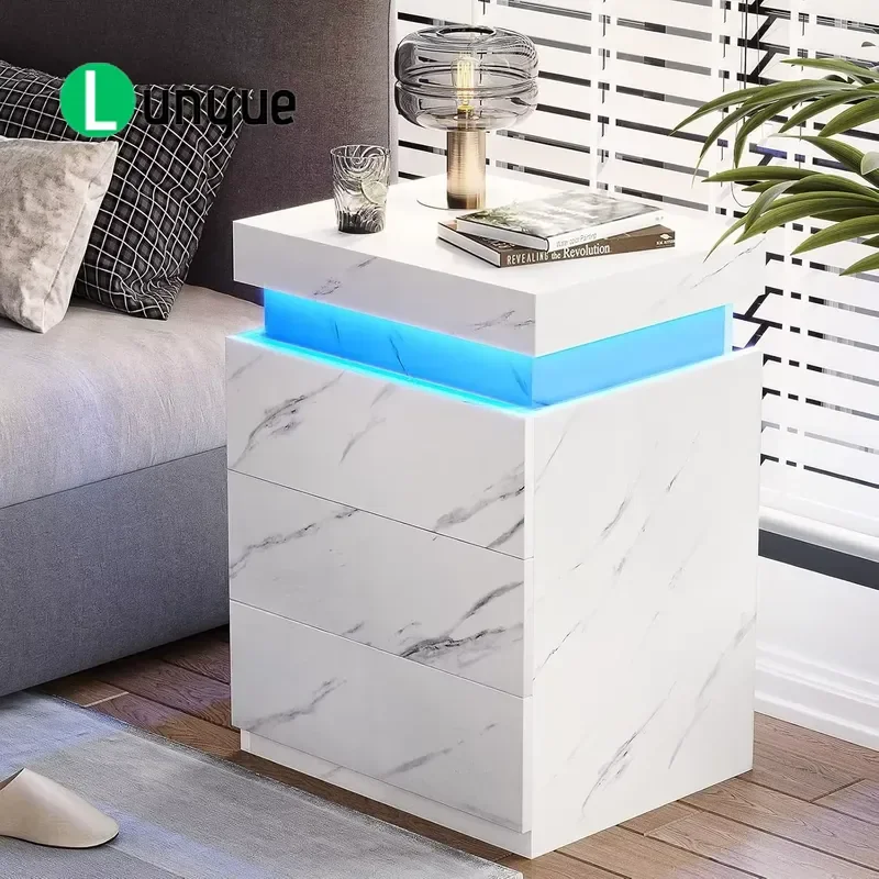Stylish Marble Finish Nightstand with Smart LED Lights USB Charging Ports and Storage Drawers for Modern Bedroom Home Decor