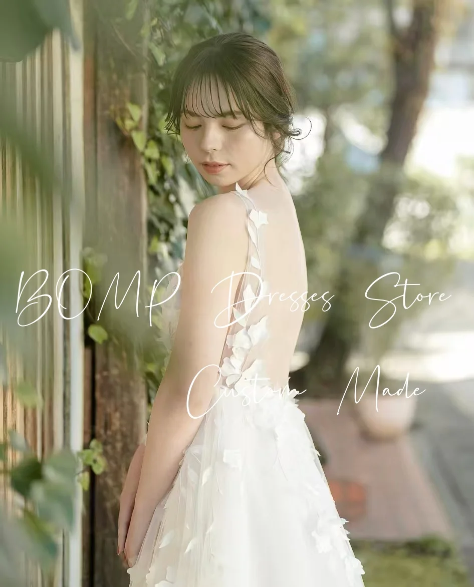 BOMP エレガントな 3D 花のウェディングパーティードレス V ネックバックレススイープトレインチュール韓国写真撮影ブライダルレセプションドレスカスタマイズ