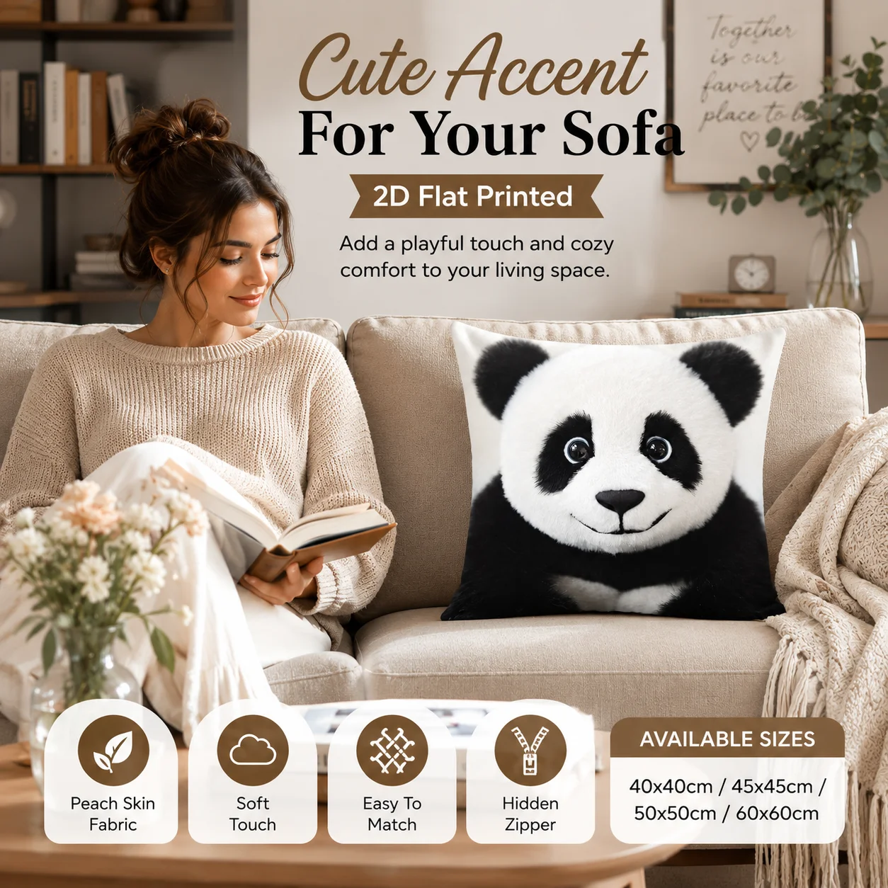 Kawaii Giant Panda 2D Flat Printed Peach Skin Pillowcase Cute Animal Throw Cushion Cover For Kids Bedroom Couch Decor