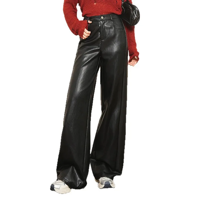 أزياء الاتجاه تنوعا عالية الخصر التخسيس بو السراويل الجلدية واسعة الساق للنساء، نمط جديد الخريف والشتاء، أنيقة الطابق لو #5