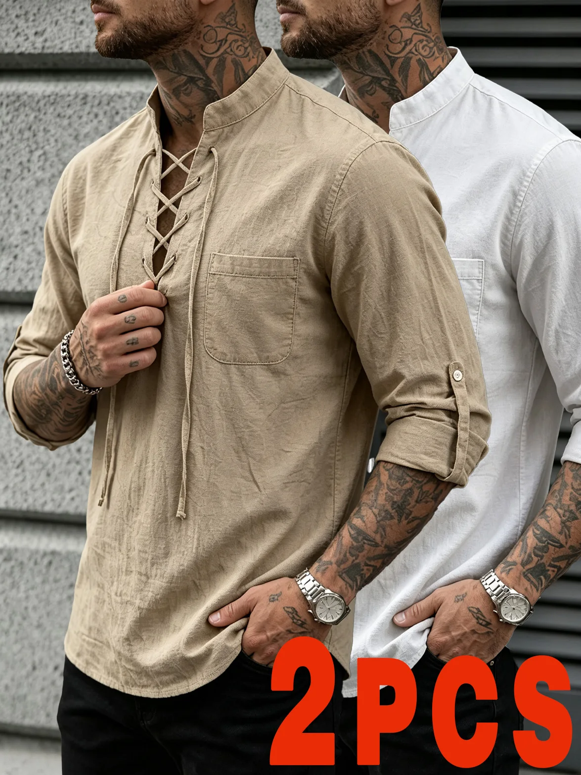 2Pcs Men's Linen Stand Collar Lace-Up Shirts, Casual Tops With Chest Pocket, Lightweight Breathable, Roll-up Sleeve Shirts For S