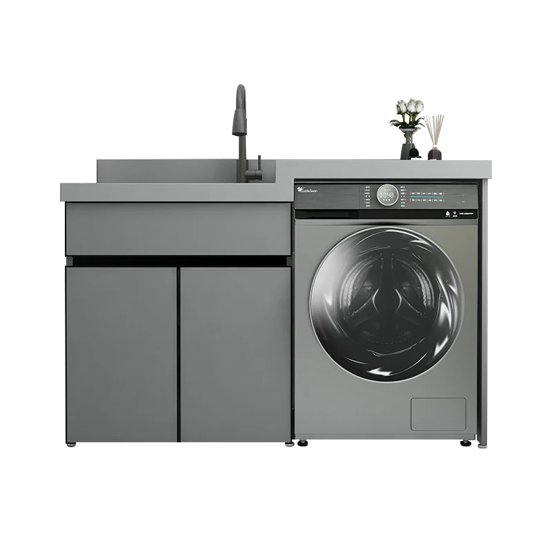Aluminum Balcony Washing Machine Cabinet Combination Custom Drum Laundry Slot with Rubbing Board Integrated High and Low Basin