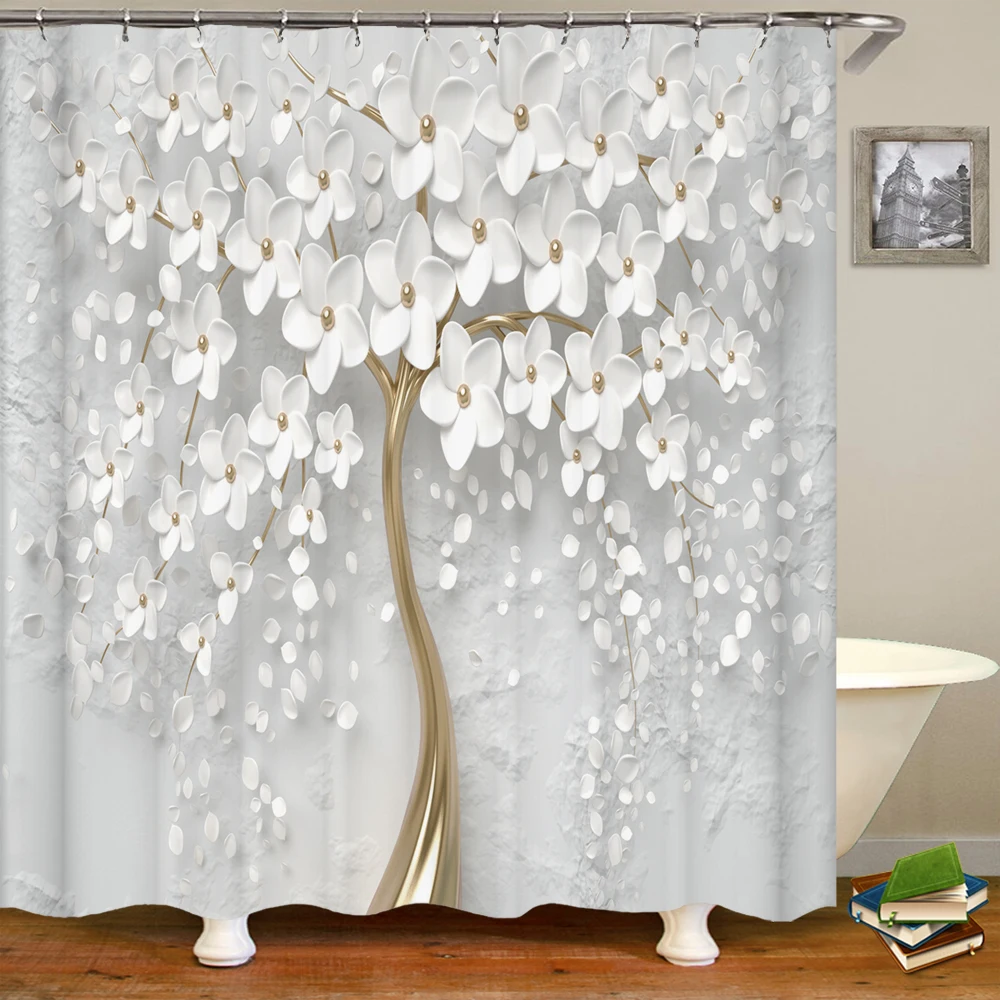 3D beautiful floral printing bathroom curtain polyester waterproof hook home decoration shower  with