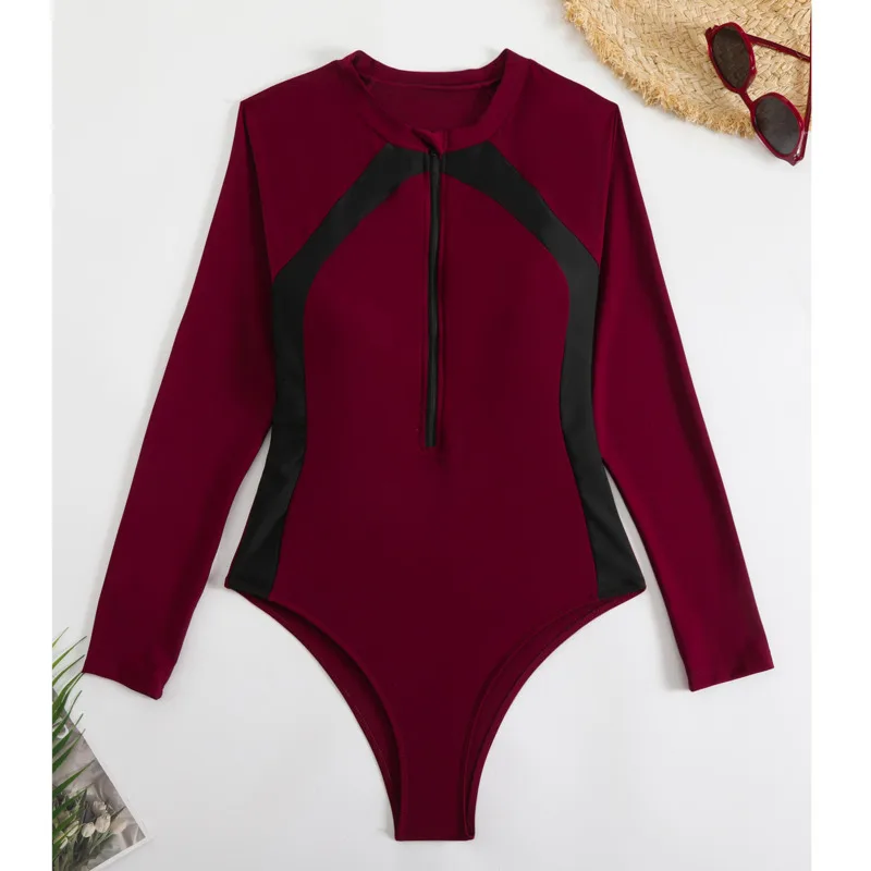 Sun Protection Zipper One Piece Swimsuit Closed Long Sleeve Swimwear Sports Surfing Women's Swim Wear Bathing Suit Beach Bather